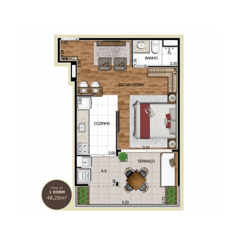 Planta 1 dorm 48,20 m²