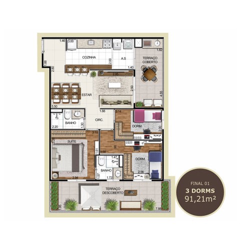 Planta 3 dorms 91,21 m²