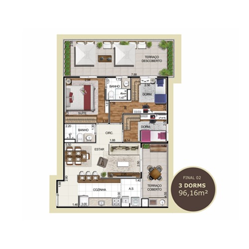Planta 3 dorms 96,16 m²