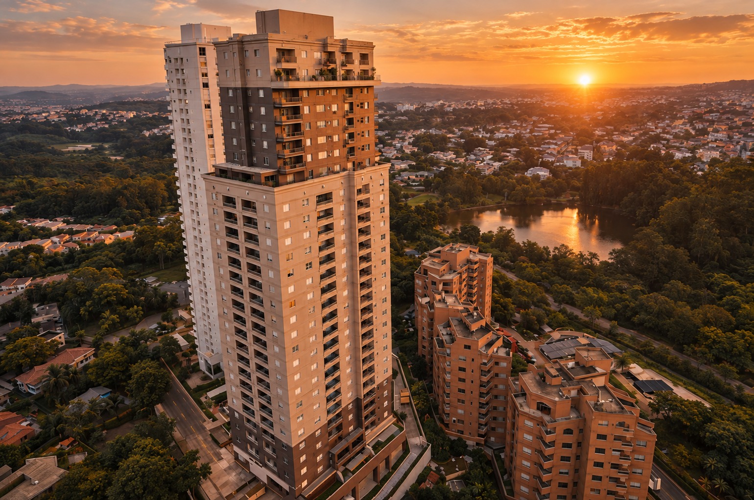 Vista aérea dos prédios em Alphaville ao pôr do sol