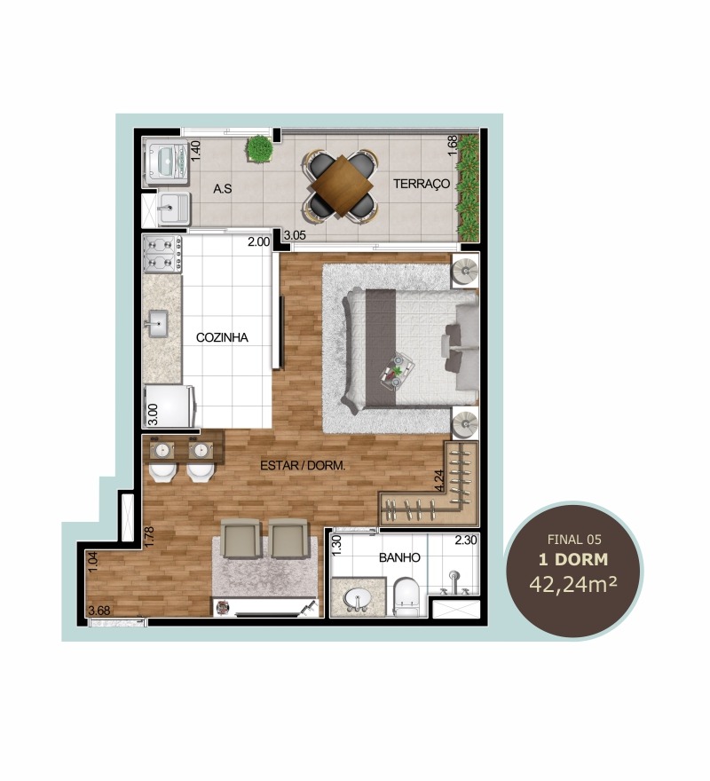 Planta 1 dorm 42,24 m²